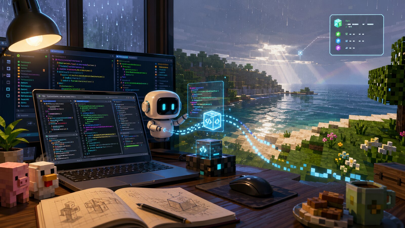 雨の日の机でAIエージェントがマイクラ風の座標表示Mod改造を手伝っているイラスト